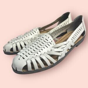 Vintage White Leather 7.5 Huarache Sandals Woven Leather Boho Slip On Loafers